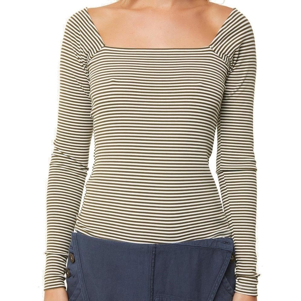 O’Neill Jacinda Long Sleeve Square Neckline Green White Striped Top Size Large